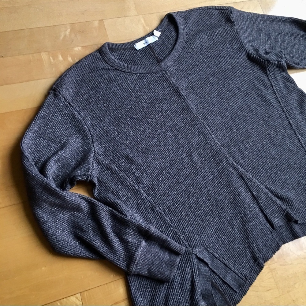 WILT Notched Hem Thermal Crewneck Lightweight Sweater, Brown Heather, Size S